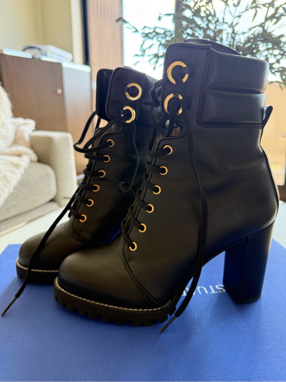 Stuart Weitzman Black Lace-Up Chunky Heel Ankle Boots
